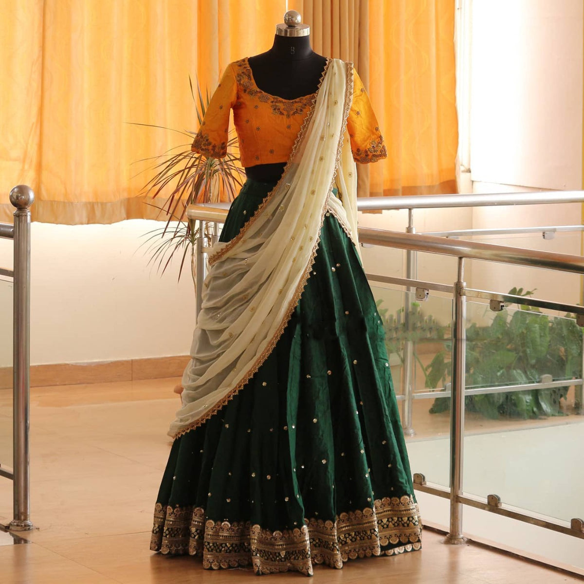 Green and yellow color designer lehenga choli at affordable price - Joshindia