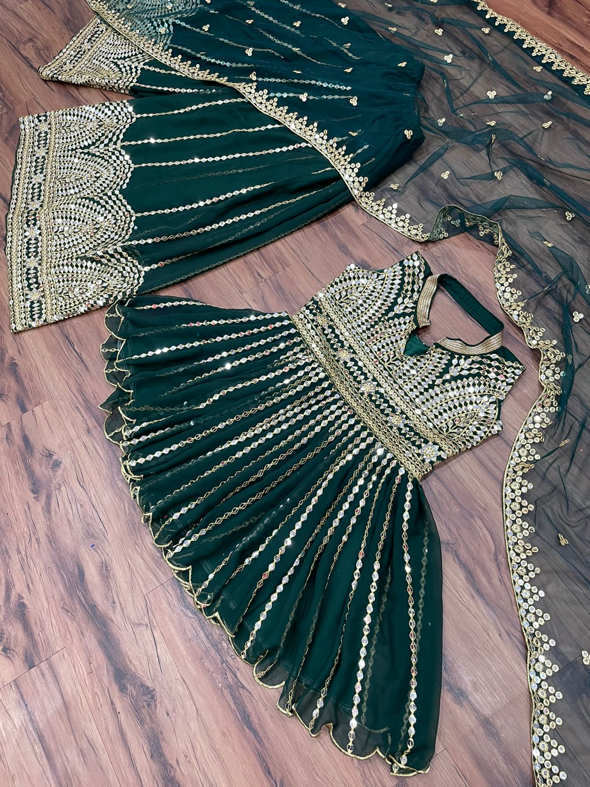 Green color designer look mirror plazo suit buy now - Joshindia