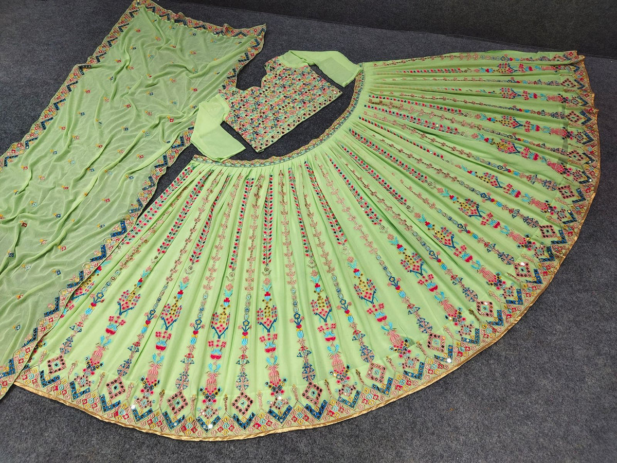 Trending green color designer mirror work lehenga choli buy now - Joshindia