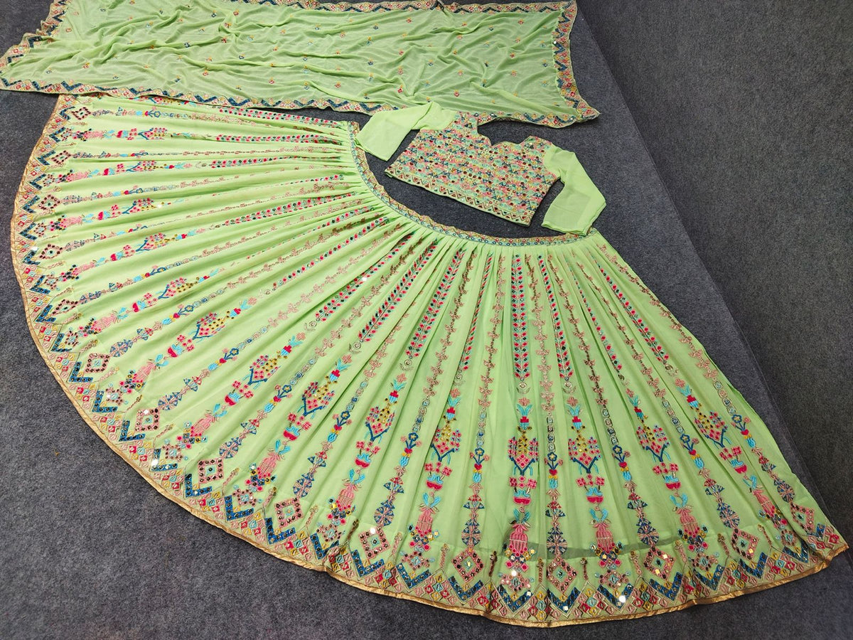 Trending green color designer mirror work lehenga choli buy now - Joshindia