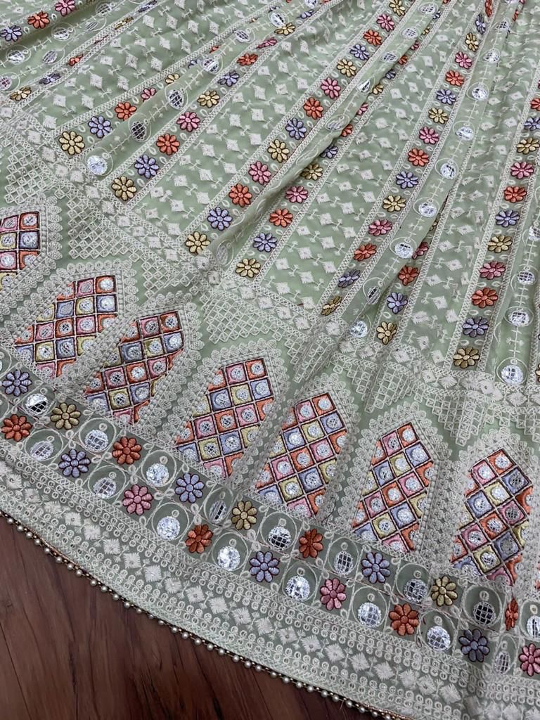 Trending Mint green color designer mirror work lehenga choli buy now - Joshindia