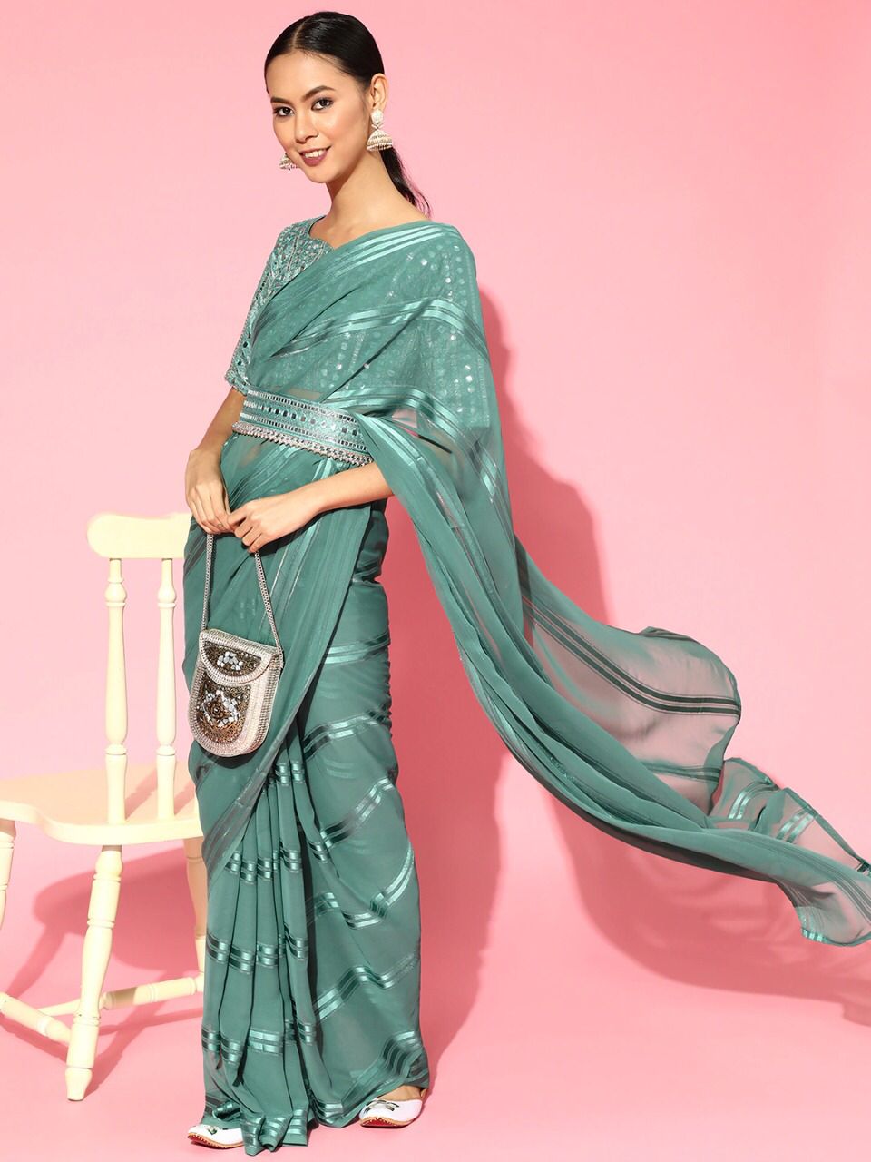 Trendy Viridian Green color designer saree at affordable rate - Joshindia
