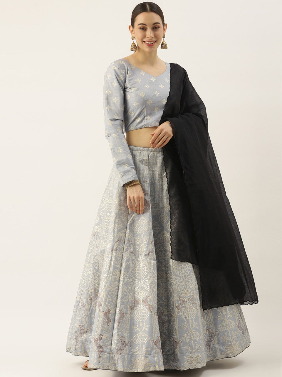Pure Traditional Looks Grey Color Silk Lehenga choli - Joshindia