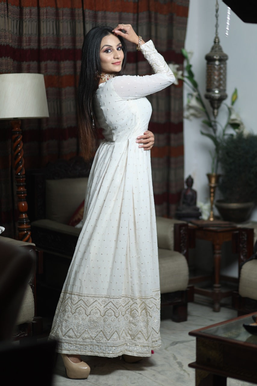 Beautiful White Color Lucknowi Chikankari Gown collection - Joshindia