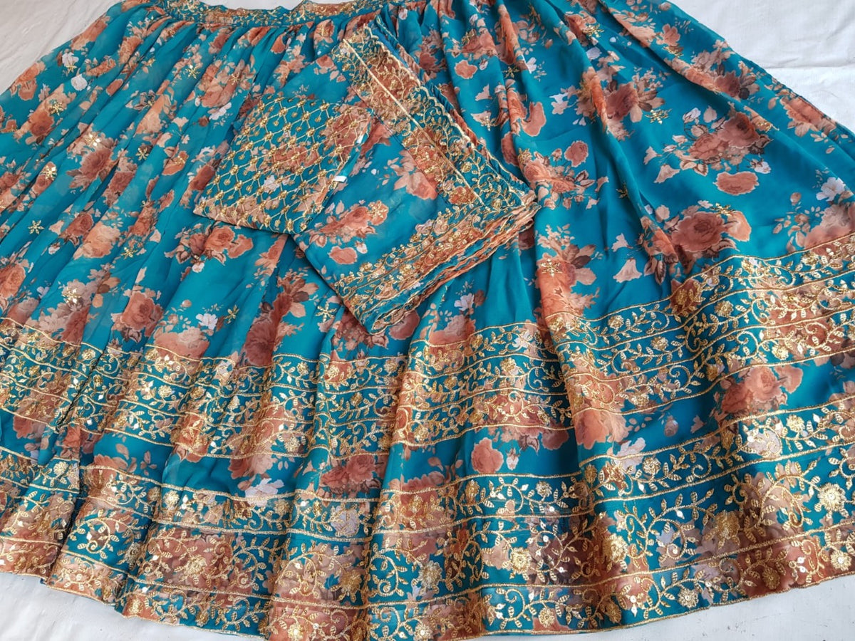 Teal blue floral lehenga - Joshindia