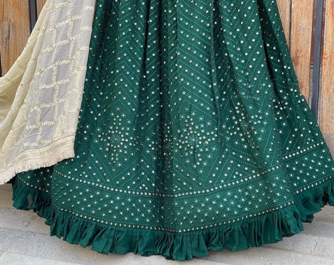Green Color Designer Mirror Work Lehenga Choli For Rich Look - Joshindia