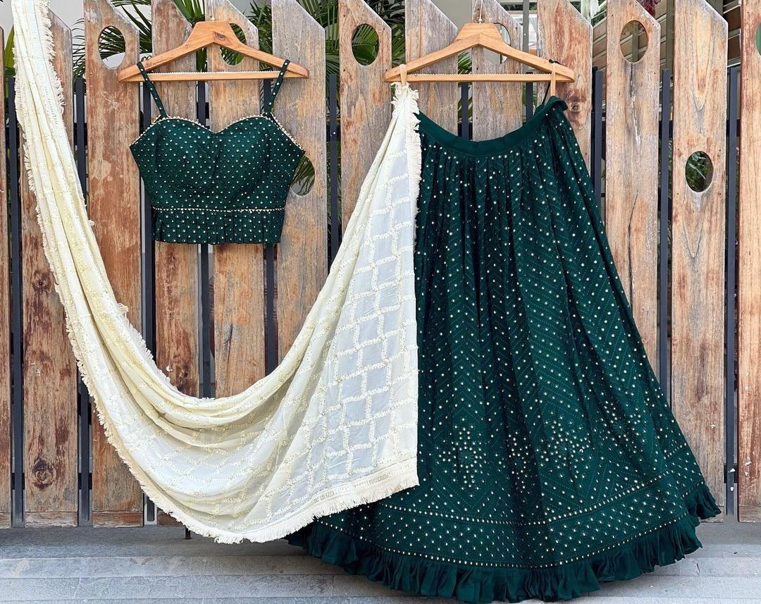 Green Color Designer Mirror Work Lehenga Choli For Rich Look - Joshindia