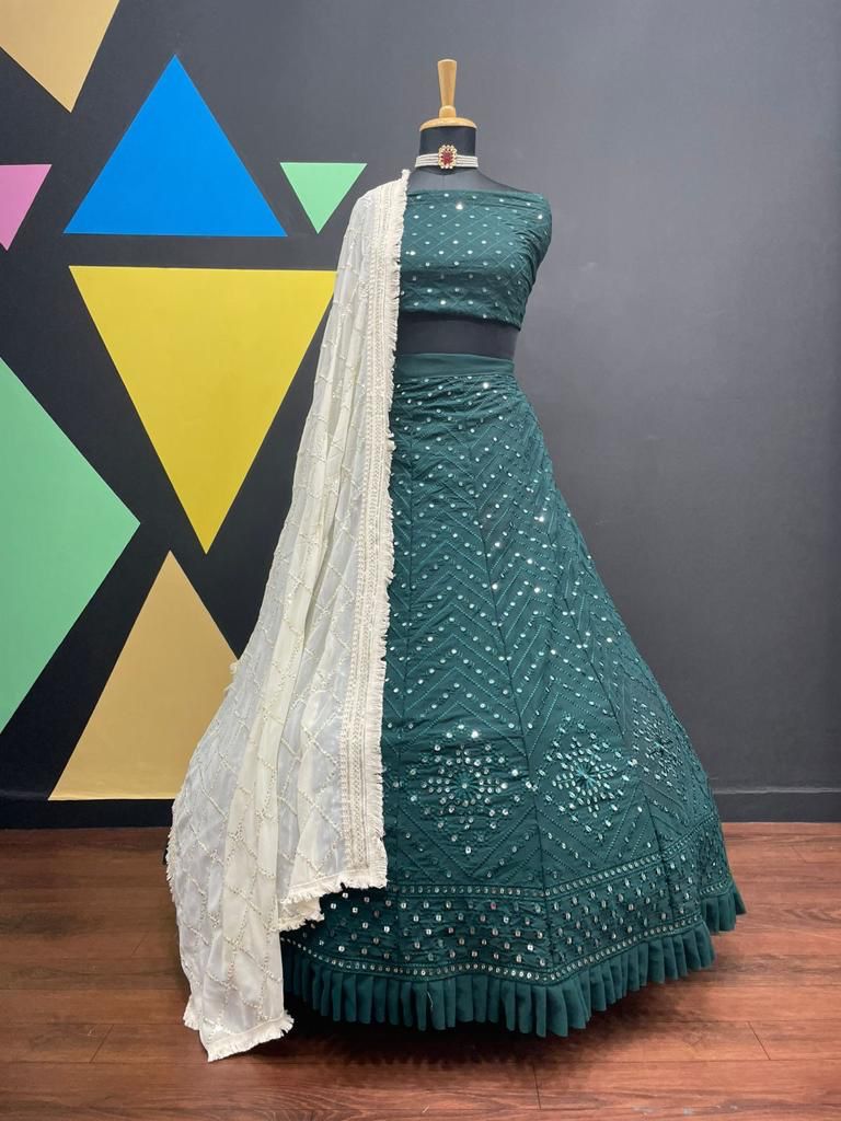 Green Color Designer Mirror Work Lehenga Choli For Rich Look - Joshindia