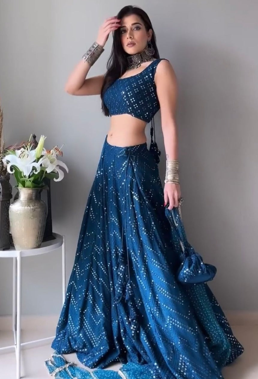 Blue Color Mirror Work Lehenga Choli - Joshindia