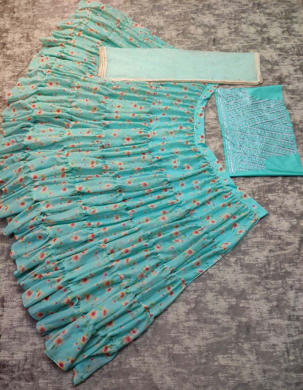 sky color designer ruffle lehenga choli - Joshindia