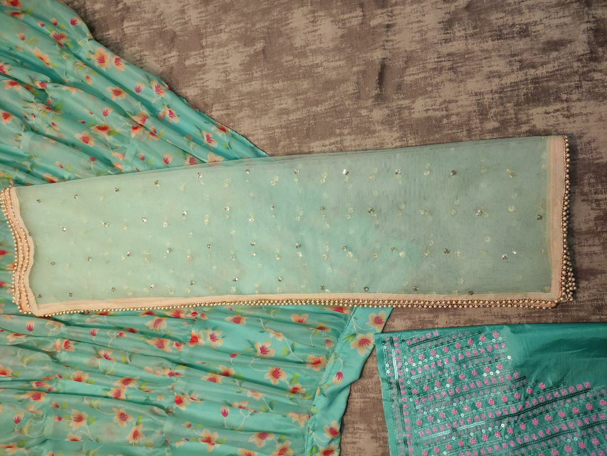 sky color designer ruffle lehenga choli - Joshindia