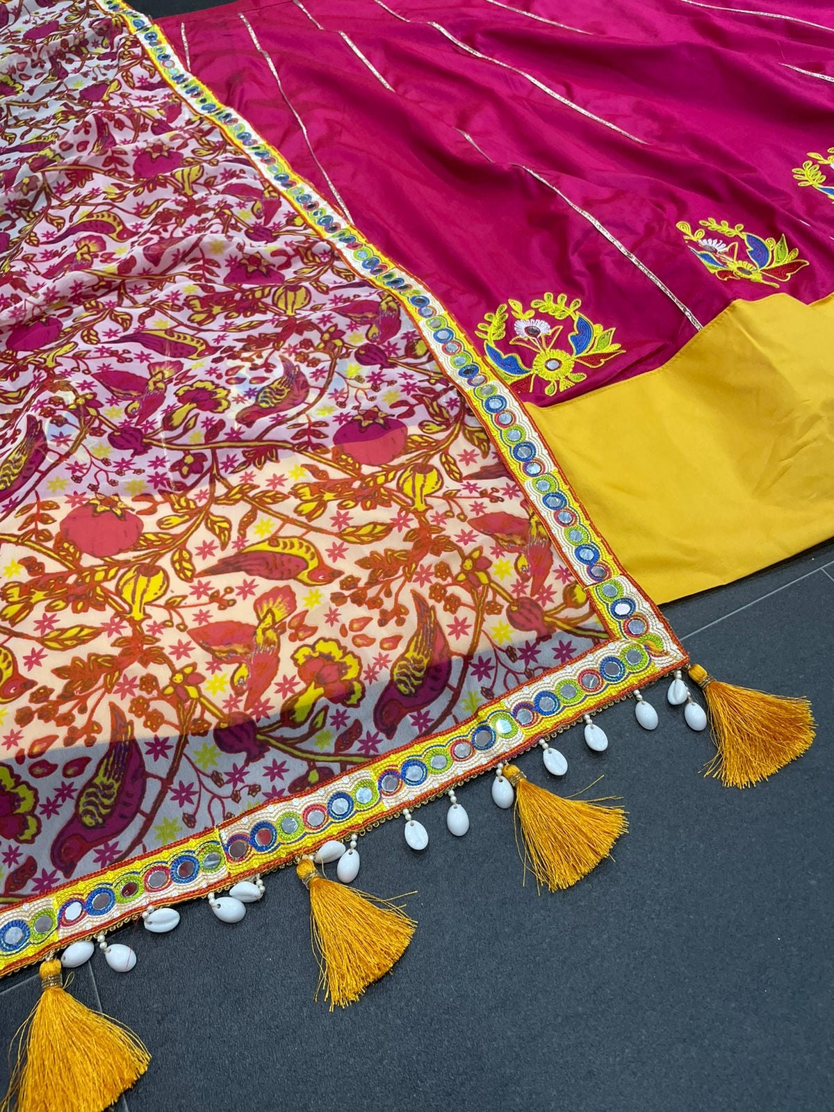 Yellow color designer mirror work lehenga choli - Joshindia