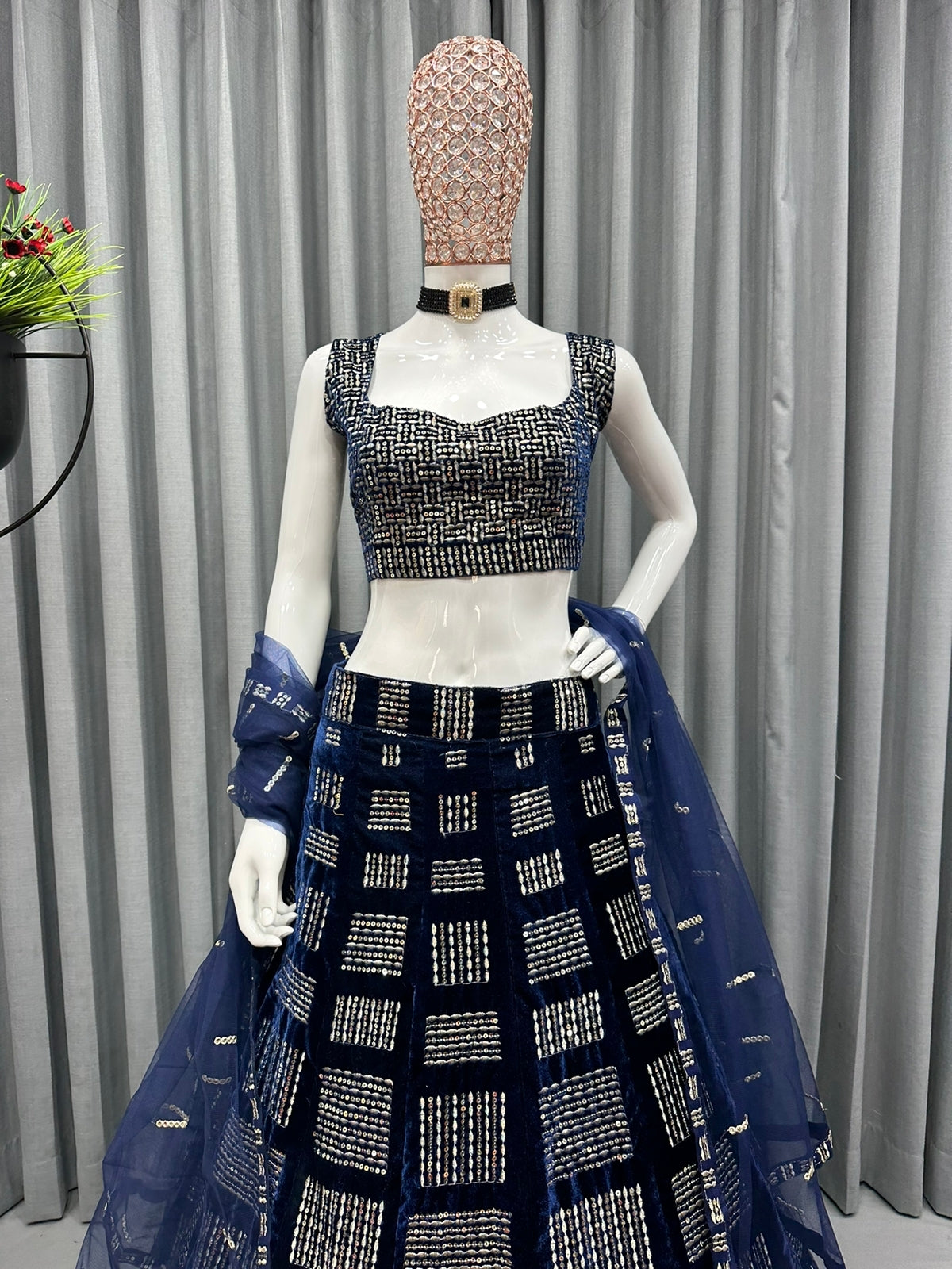 Buy Trendy Velvet Navy Blue Lehenga Choli Online in India - Joshindia