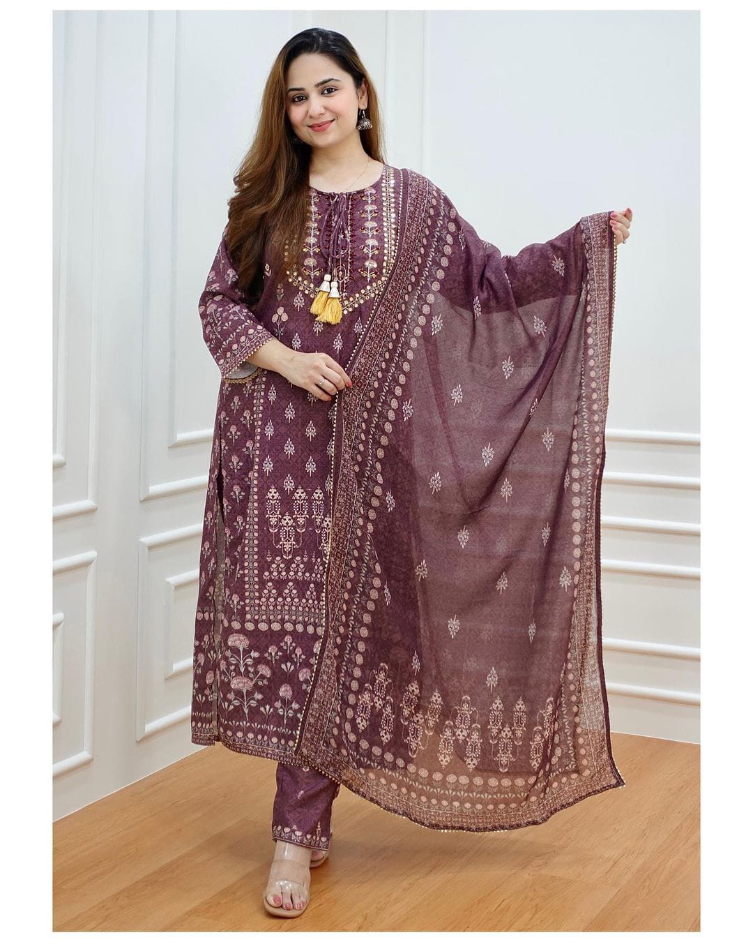 Trending Wine Color Lucknowi Style Kurta Set For Stylish Look - Joshindia