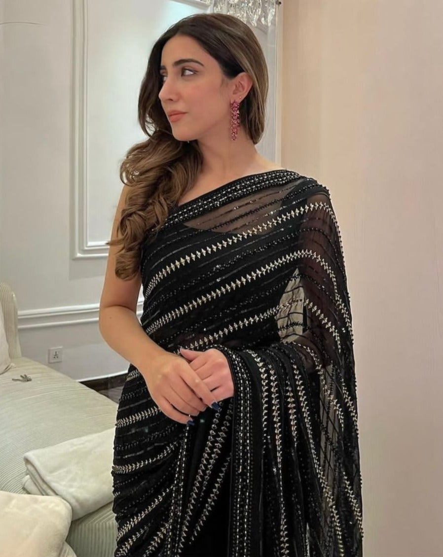 Black Color Most Beautiful Sequence Saree At Best Price - Joshindia