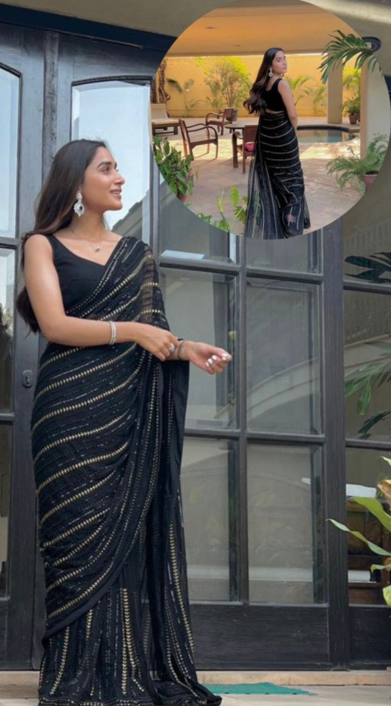 Black Color Most Beautiful Sequence Saree At Best Price - Joshindia