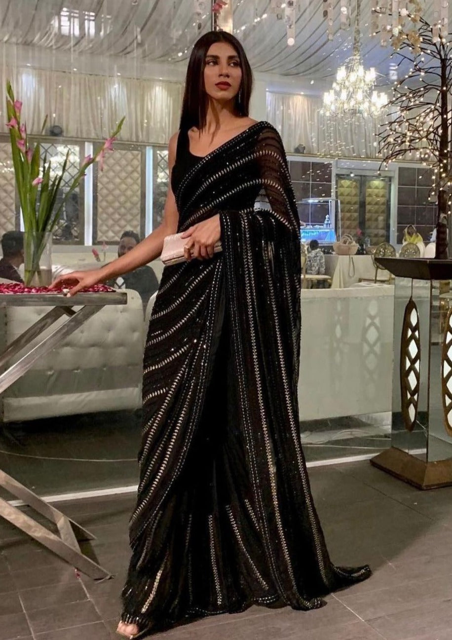 Black Color Most Beautiful Sequence Saree At Best Price - Joshindia