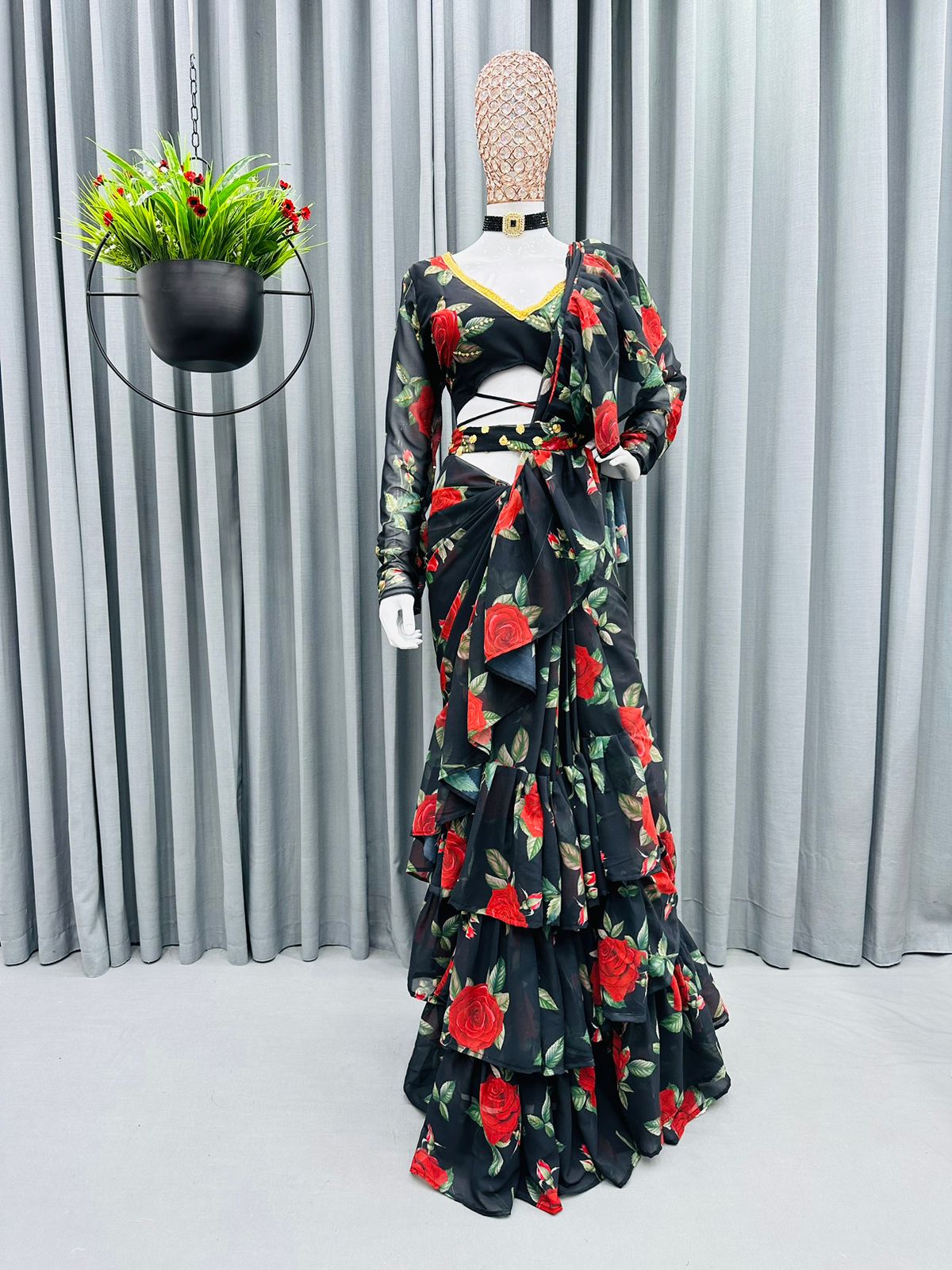Trending Black Color Ruffle Border Georgette Designer Saree - Joshindia