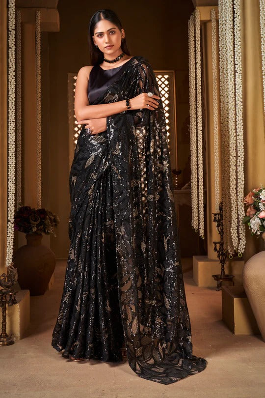 Buy Black Color Party Wear Georgette Designer Saree At Best Price - Joshindia