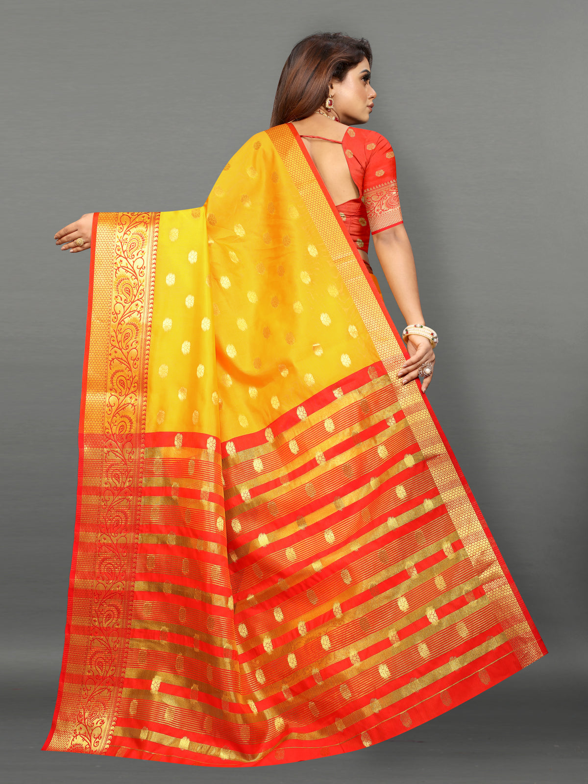 Orange and Yellow color banarasi silk saree - Joshindia