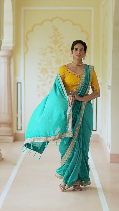 Amazing Firozi Color Sequence Saree For Wedding Look