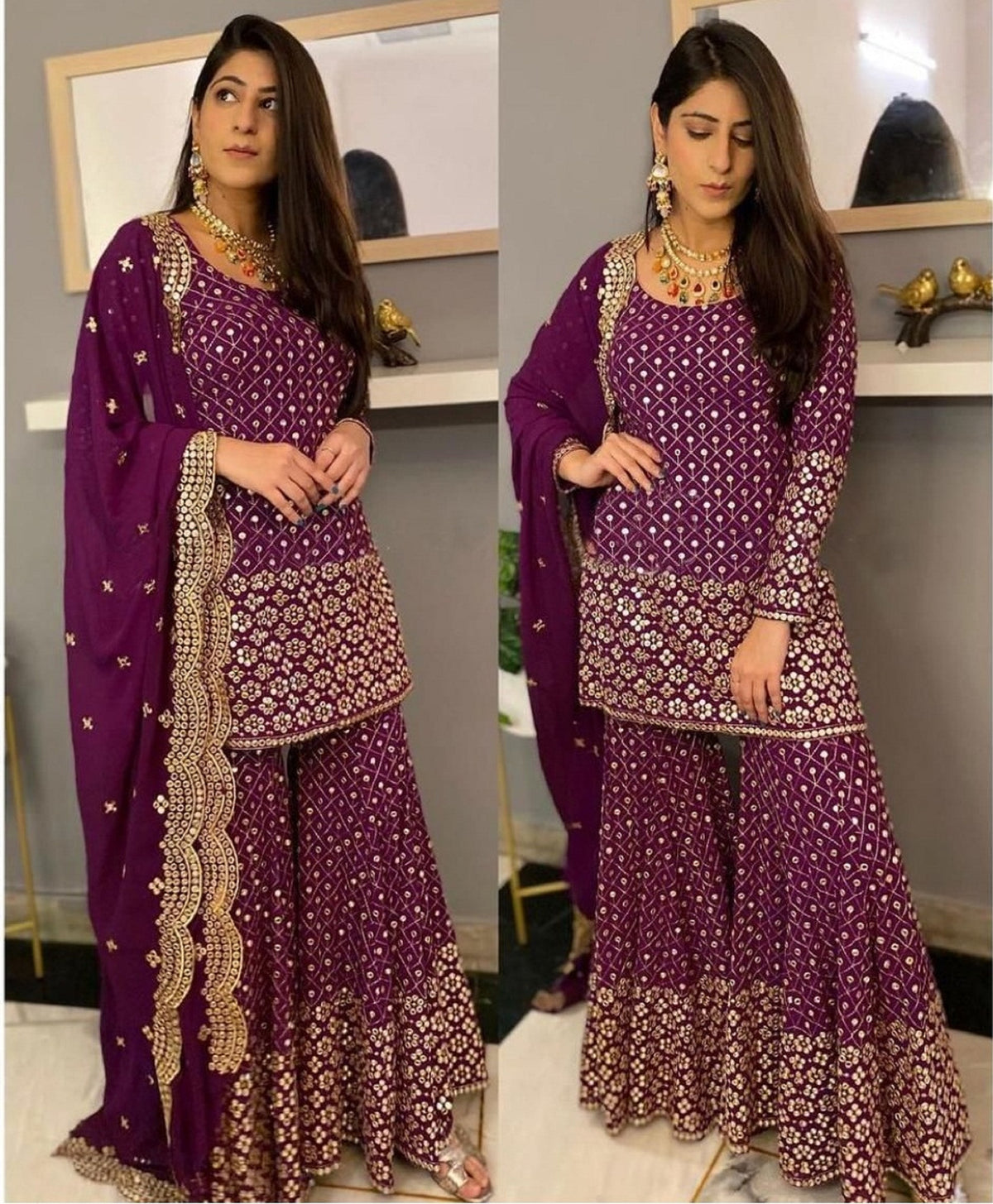 violet color georgette satin sharara style suit - Joshindia