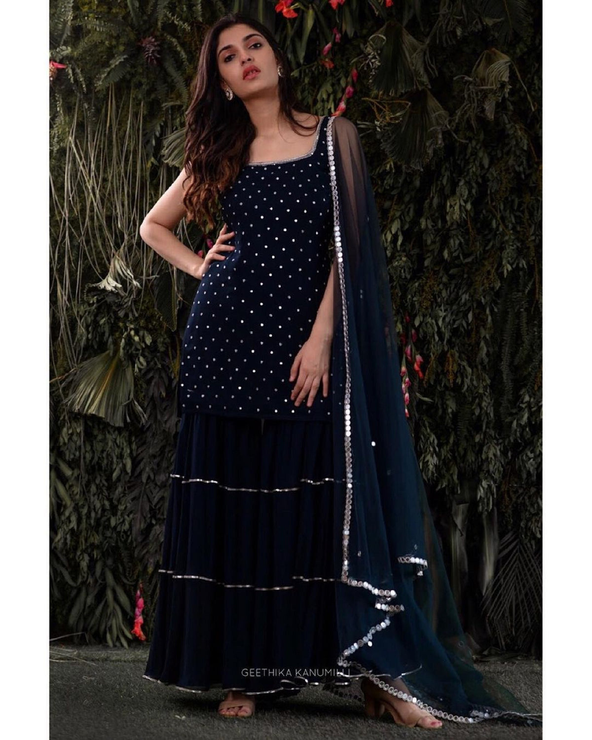 nevy blue color georgette satin sharara style suit - Joshindia