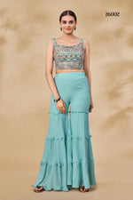 Sky blue designer indowestern with long shrug - Joshindia