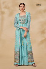 Sky blue designer indowestern with long shrug - Joshindia