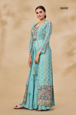 Sky blue designer indowestern with long shrug - Joshindia