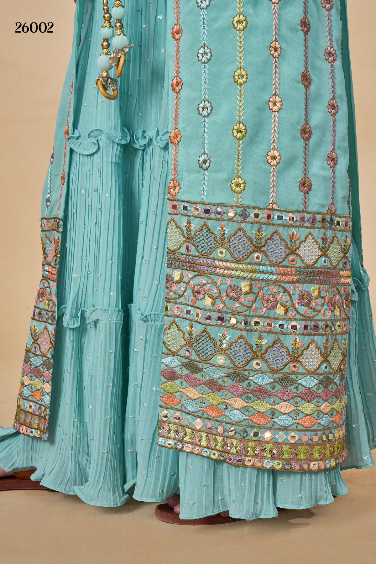 Sky blue designer indowestern with long shrug - Joshindia