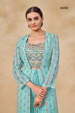 Sky blue designer indowestern with long shrug - Joshindia