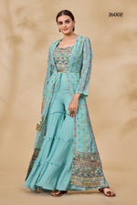 Sky blue designer indowestern with long shrug - Joshindia