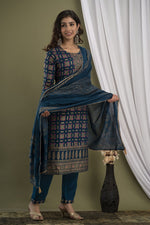 Gold Printed Straight KurtiWithPant and mulmul DUPPATTA - Joshindia