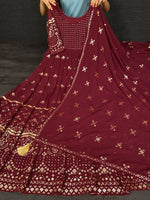 maroon color gown made of georgette material embellished with sequins and thread work. - Joshindia