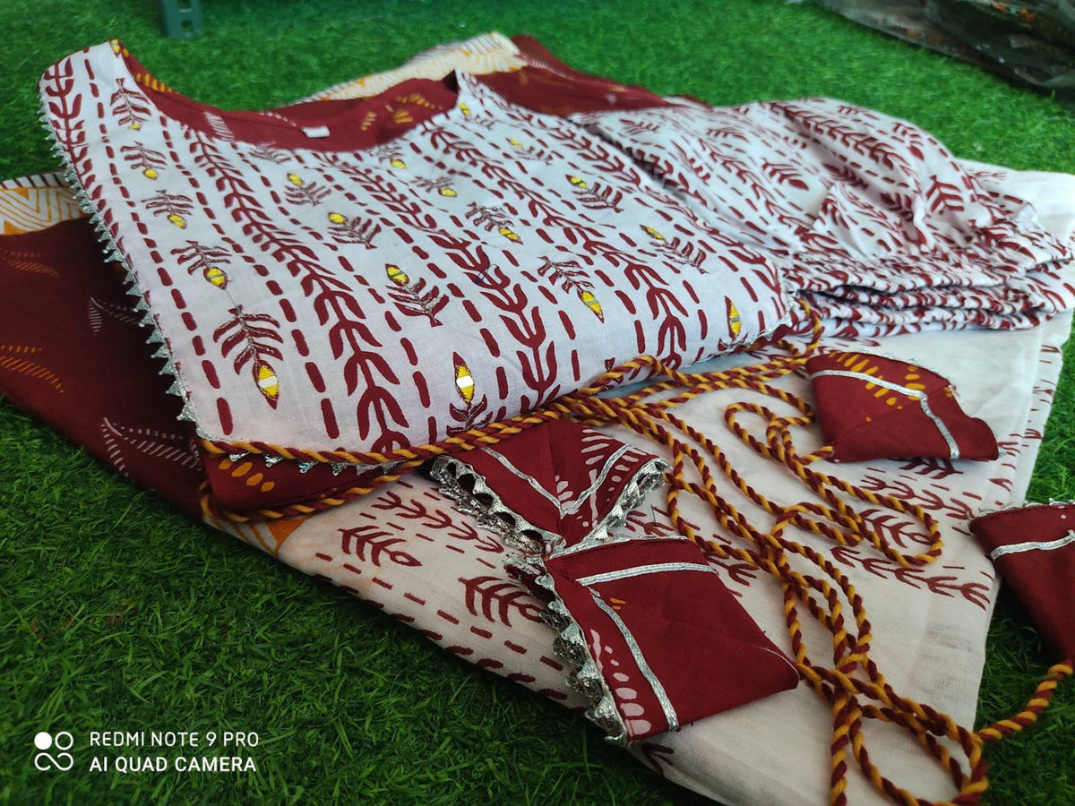 BeautifulPure cotton 60*60 Fabric Nake Embroidery work Mirror With printed pant with Full dupatta With latkan Anarkali style3 piece set - Joshindia