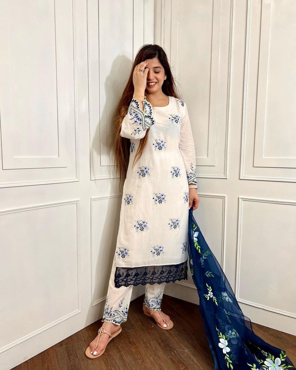 New white embroidered suit set with blue hand painted organza dupatta - Joshindia