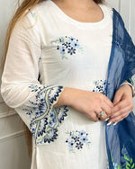 New white embroidered suit set with blue hand painted organza dupatta - Joshindia