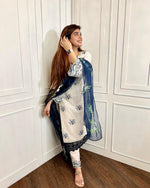 New white embroidered suit set with blue hand painted organza dupatta - Joshindia