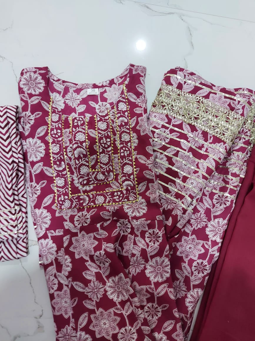 Wine Anarkali suit with beautiful gota lace handwork duppta and paint - Joshindia