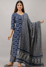 cotton Beautiful Indigo print Work kurti with Full Printed Pant & Duppatta - Joshindia