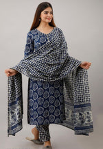 cotton Beautiful Indigo print Work kurti with Full Printed Pant & Duppatta - Joshindia