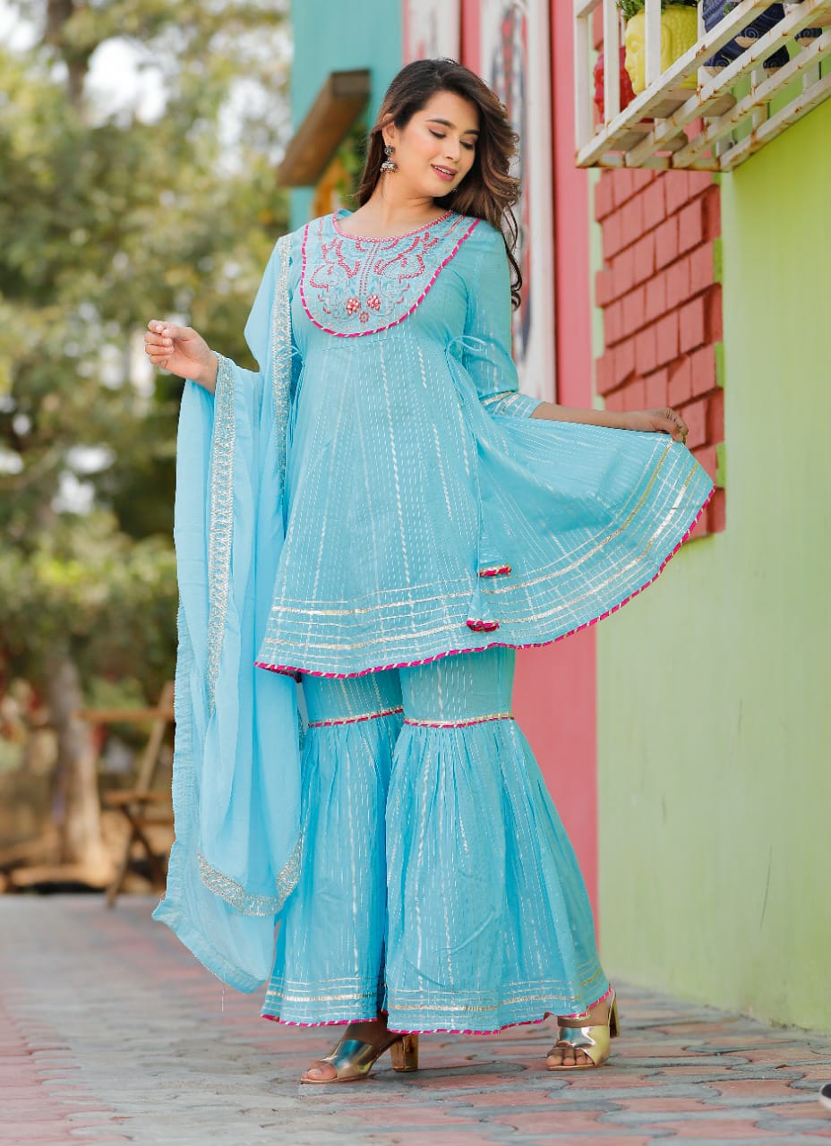 sky color beautiful sharara set buy now - Joshindia