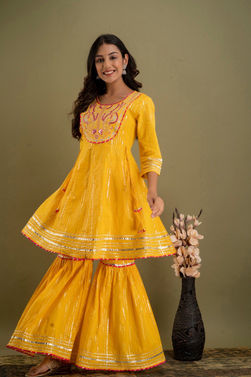 yellow color beautiful sharara set buy now - Joshindia