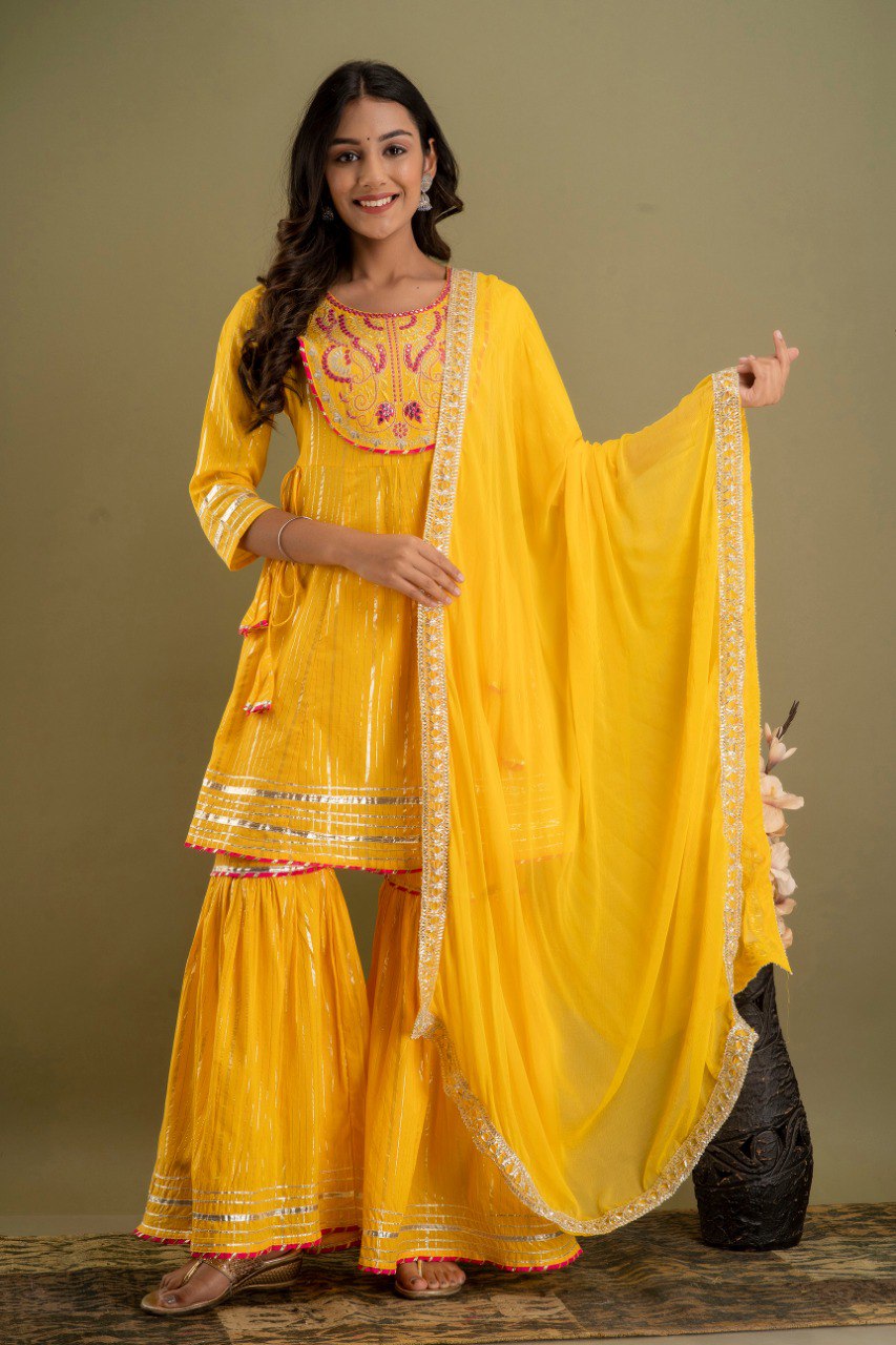 yellow color beautiful sharara set buy now - Joshindia