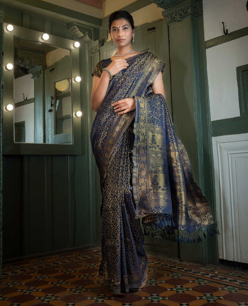 Navy Blue Color Royal Banarasi Saree For Wedding - Joshindia