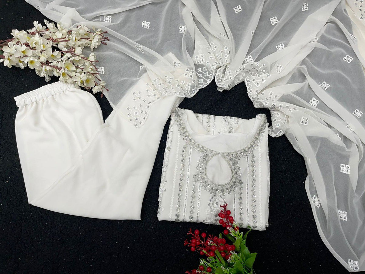 White Color Georgette Designer Kurta Set - Joshindia