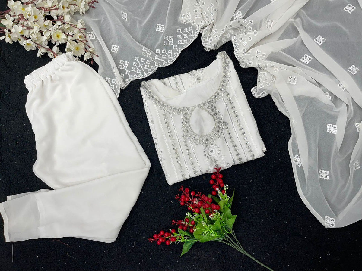 White Color Georgette Designer Kurta Set - Joshindia
