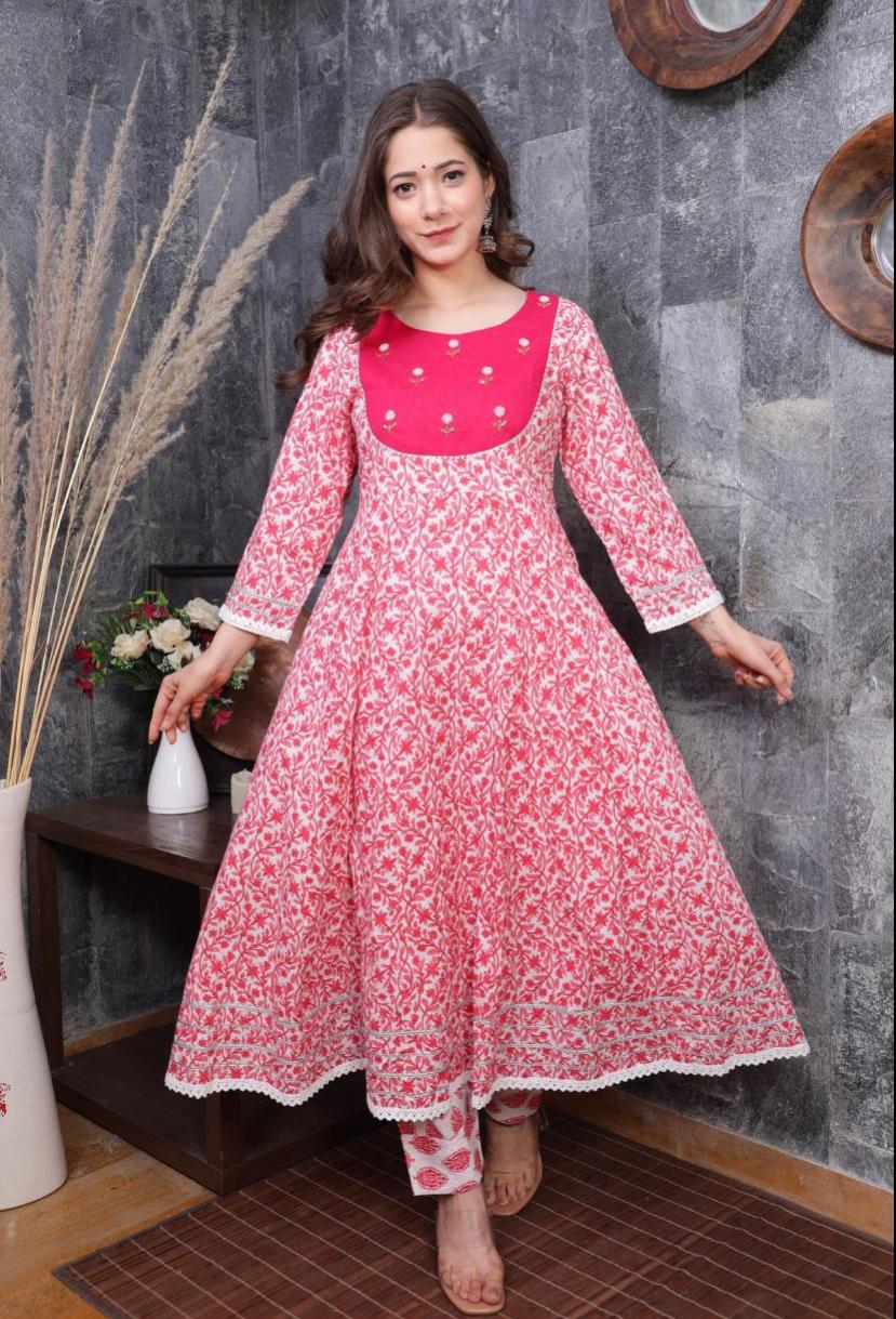 BEAUTIFULL COTTON ANARKALI KURTI PANT WITH DUPATTA - Joshindia