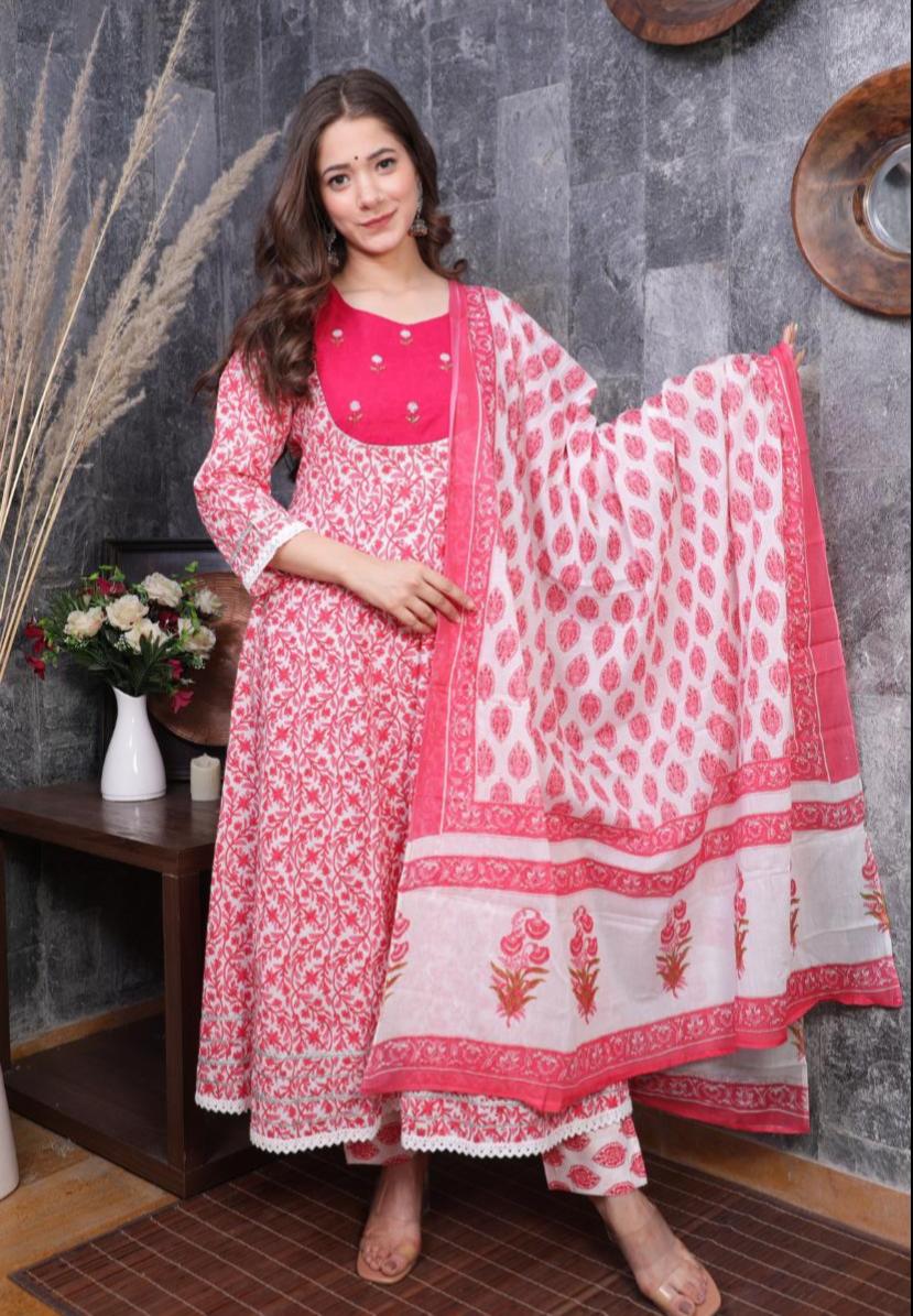 BEAUTIFULL COTTON ANARKALI KURTI PANT WITH DUPATTA - Joshindia